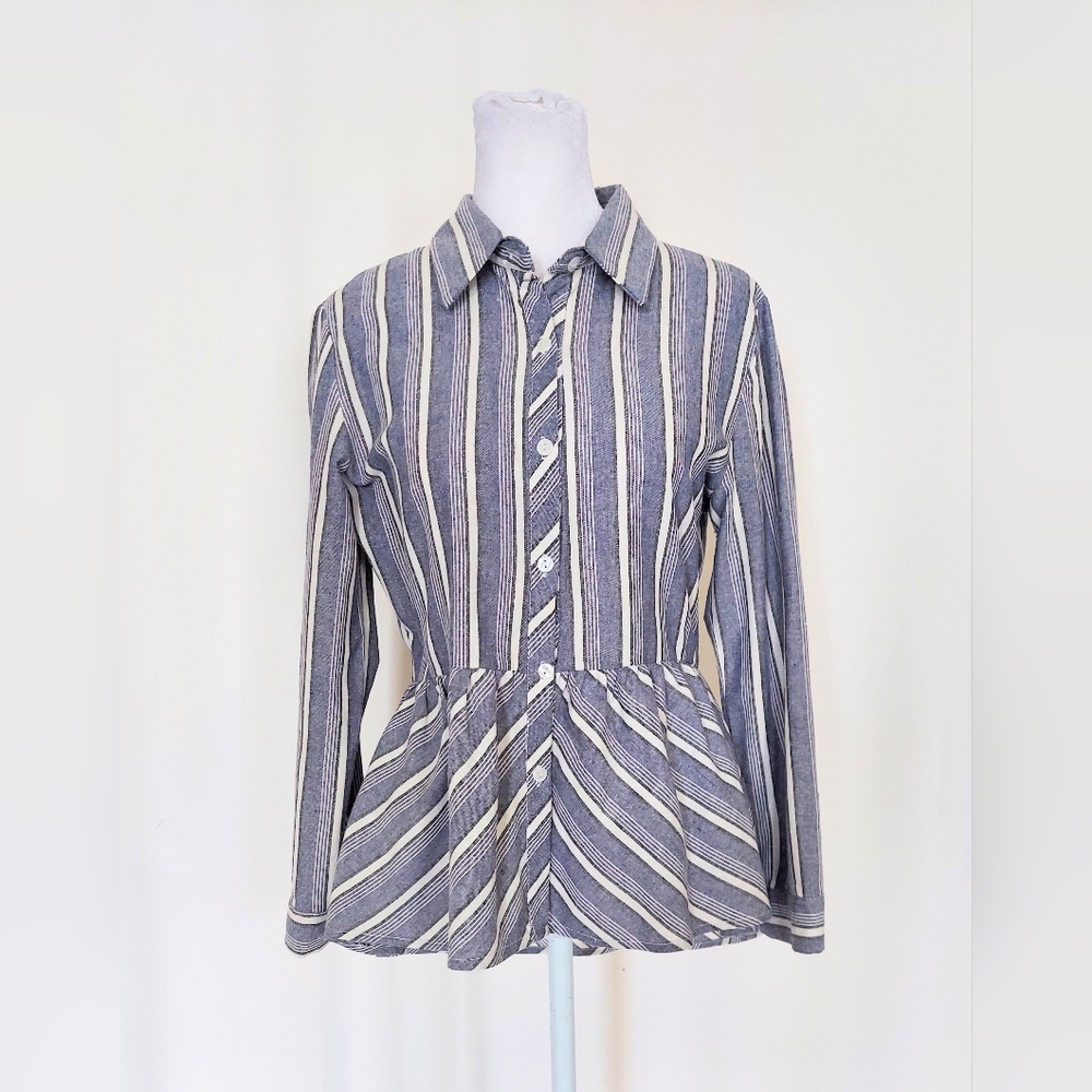 Love Notes Button Up Roll Tab Sleeve Peplum Top Blue White Size Medium